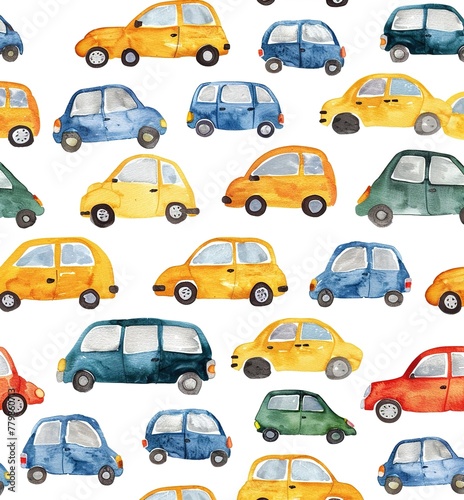 Bright watercolor pattern with cars  seamless design of hand-painted cars in various colors