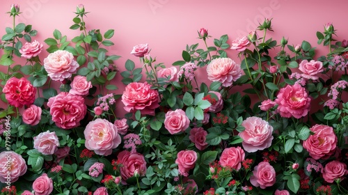  Pink roses grow against a pink wall; their blooms contrasted by lush green leaves and flowers cascading down the wall's side