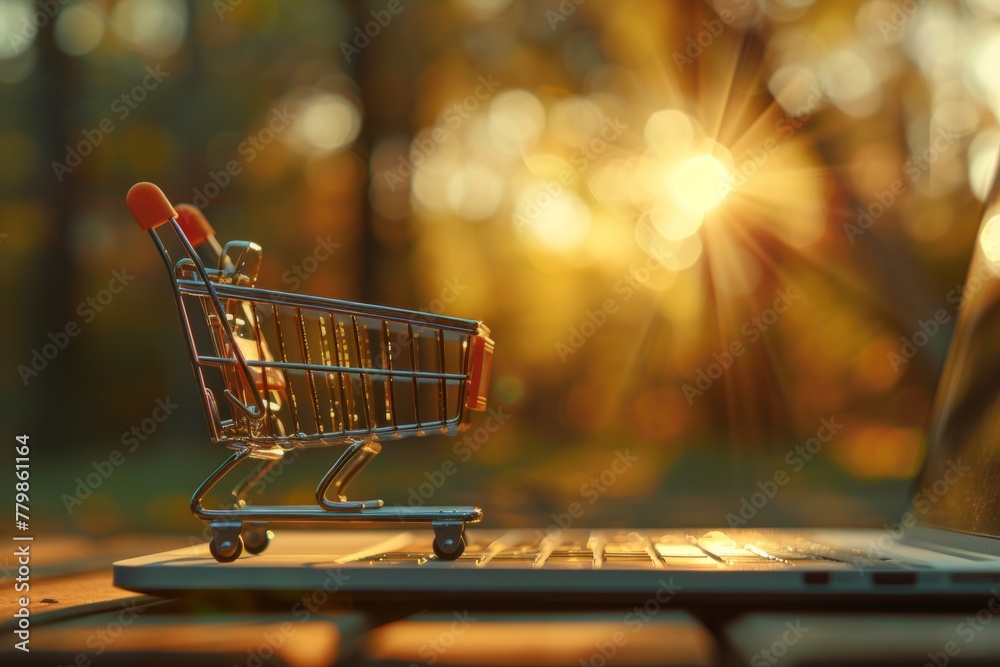 Laptop with shopping cart retail e-commerce online store buy sale marketing purchase decision internet business dropshipping fast delivery website selling technology product description Laptop with shopping cart retail e-commerce online store buy sale marketing purchase decision internet business dropshipping fast delivery website selling technology product description