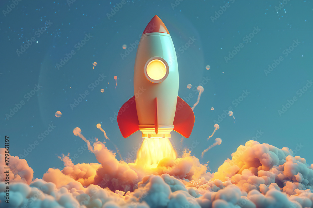 startup symbol, 3d rocket flying