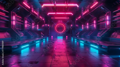 An abstract background video game of esports, sci-fi gaming, cyberpunk, VR simulation and metaverse, scene stand pedestal stage, 3D rendering, futuristic neon glow room.