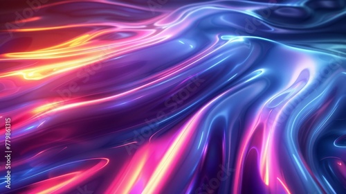 The abstract holographic neon curved wave is rendered in 3D and is in motion against a dark background. The gradient design element would be perfect for banners, backgrounds, wallpapers, and covers.