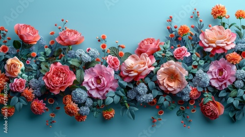  A collection of flowers arranged on a blue background; leaves and blooms situated at the picture's border edge