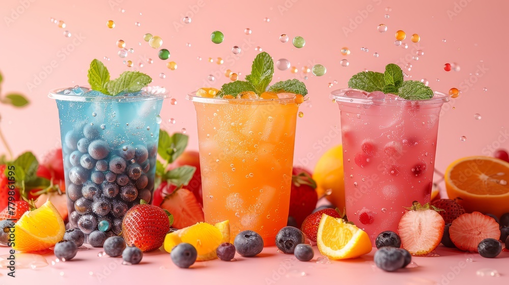 Three glasses, each holding distinct fruits or beverages, are aligned next to an ample stack of oranges, raspberries, blueberries, and strawberries Three glasses, each holding distinct fruits or beverages, are aligned next to an ample stack of oranges, raspberries, blueberries, and strawberries