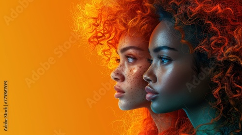 This banner represents a group of beautiful women with different skin colors. The concept of womanhood, femininity, independence, and equality. Yellow background. Modern illustration of a place for
