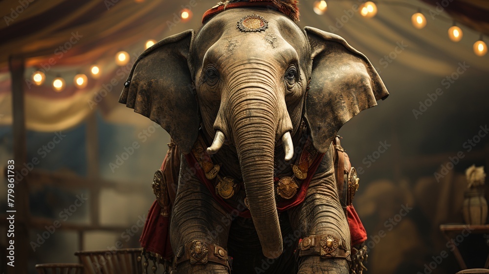 Nostalgic elephant on a circus unicycle