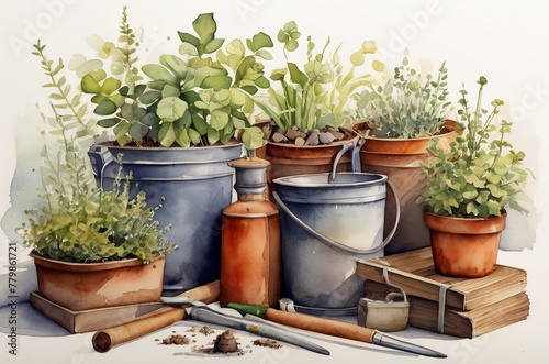The watercolor illustration portrays the enchanting world of gardening with a creative twist, highlighting various garden supplies in a vibrant and expressive manner.