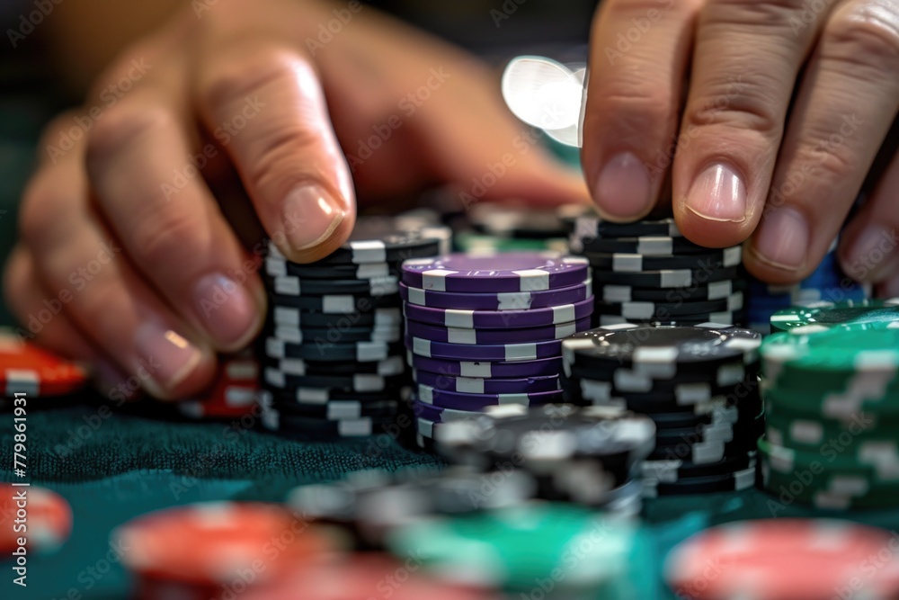 Close-Up of Hand Stacking Casino Chips on Poker Table Close-Up of Hand Stacking Casino Chips on Poker Table