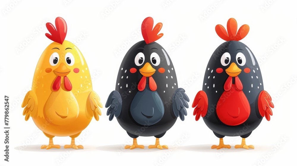   Three cartoon chickens stand together on a white surface The middle chicken is centrally positioned between the two others