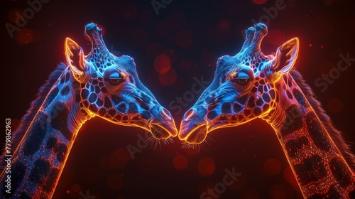  Two giraffes face each other against a backdrop of red and blue, surrounded by lights