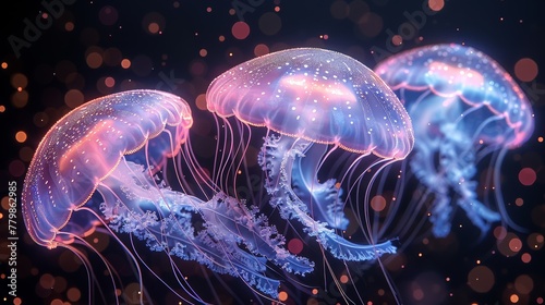  A collection of jellyfish hovering together against a backdrop of blue and pink, speckled with minor points of light