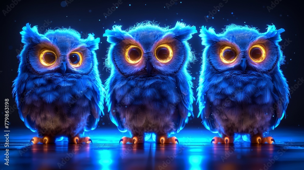 Three owls seated on a blue surface, each with bright yellow eyes and glowing feathers along their backs Three owls seated on a blue surface, each with bright yellow eyes and glowing feathers along their backs
