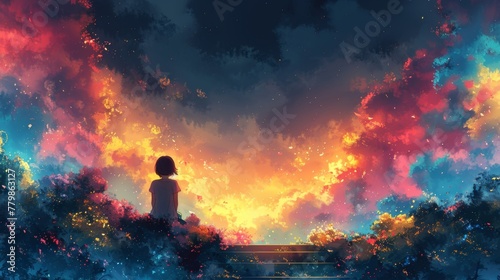 The girl on the stairs draws a rainbow in the sky showing her emotions of joy and happiness in a bright, tender, tender illustration