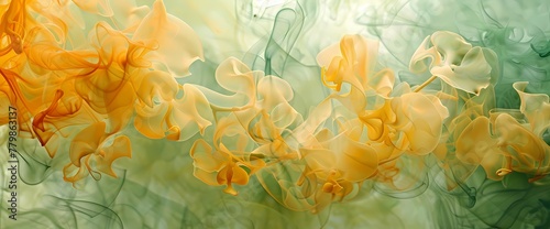 Orchid smoke dancing in harmony with a background of goldenrod and emerald green.