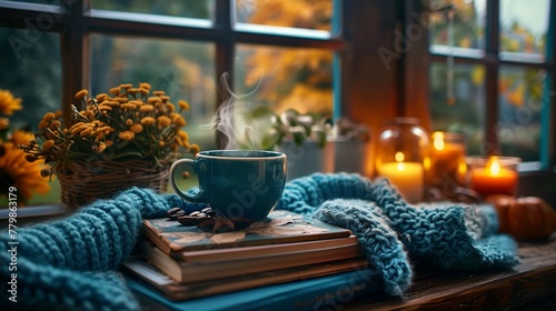 A cozy reading corner with a steaming coffee mug on a stack of books.