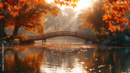 A picturesque autumn scene featuring an old wooden bridge over the calm waters of ancient gardens, surrounded by vibrant red and orange maple leaves. Created with Ai