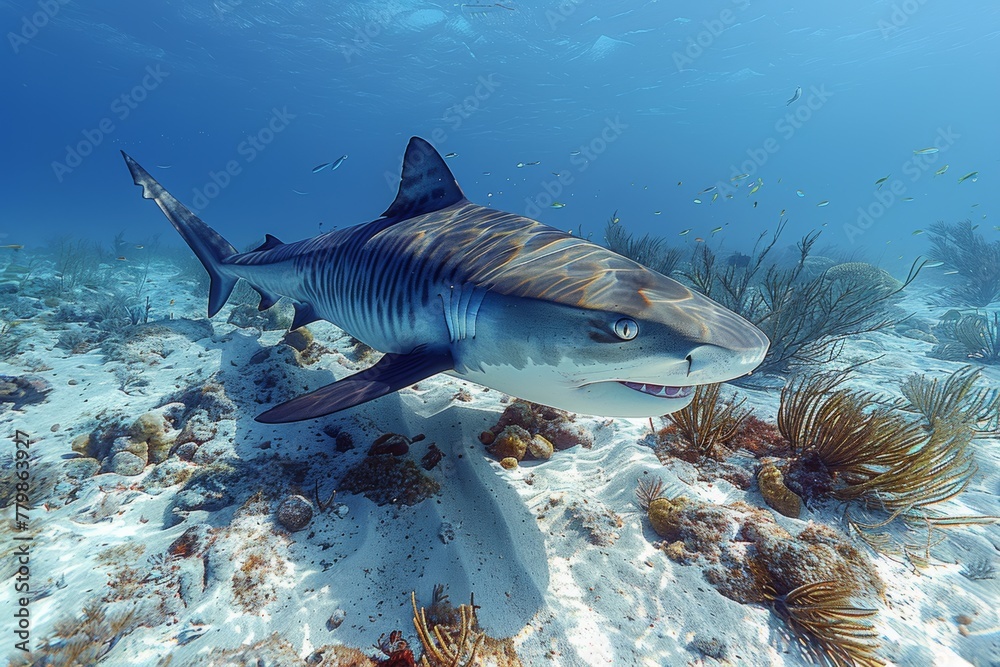 Fototapeta premium Large tiger shark swimming gracefully in a vibrant marine ecosystem