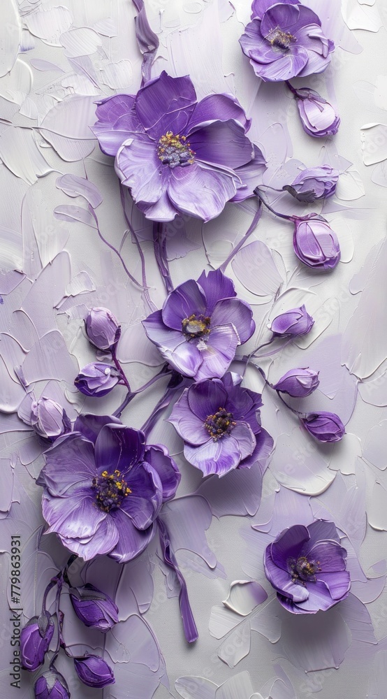 Fototapeta premium an oil painting with purple flowers and leaves