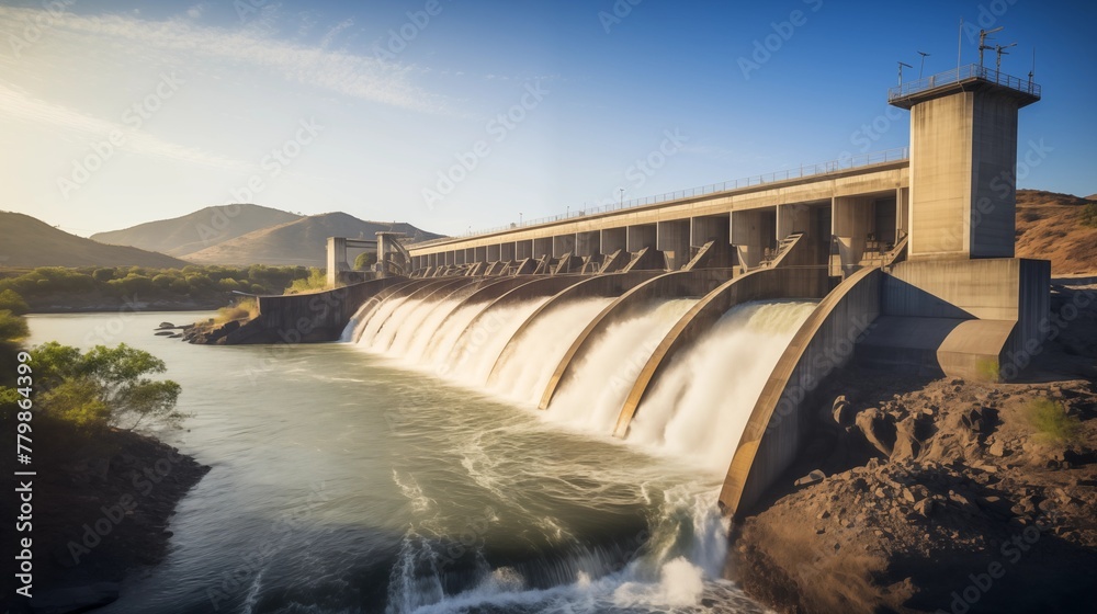 Hydroelectric Dam Releasing Water into a River on a Sunny Day Hydroelectric Dam Releasing Water into a River on a Sunny Day