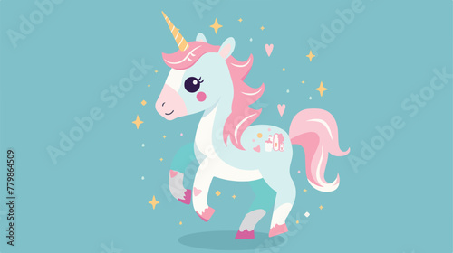 Cute Cartoon Unicorn on a Blue background flat vector