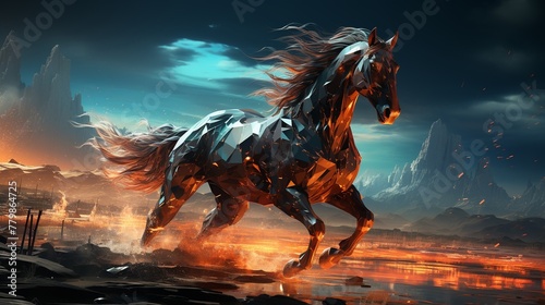 A holographic horse galloping across a digital plain © Parinwat Studio