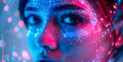 Futuristic technological neon high-tech closeup portrait of woman with glowing neon circuit traces in their skin