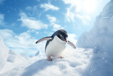 A fluffy penguin wearing a bowtie, sliding on a snowy slope.