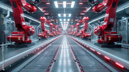 Robotic assembly line, industrial, wide angle, mechanical, brightly lit , 3D illustration