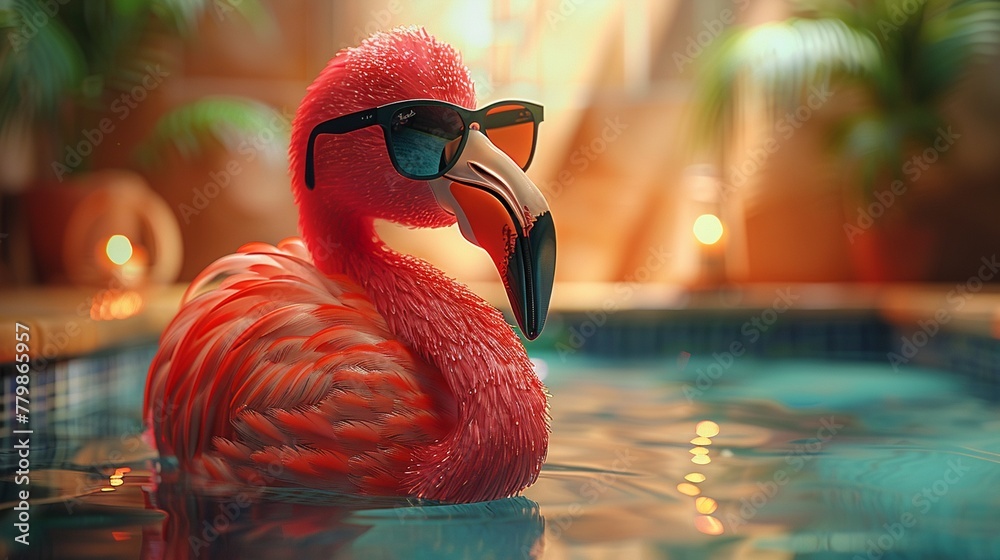 Cartoon flamingo in sunglasses lounging beside a kidney-shaped pool - obrazy, fototapety, plakaty 