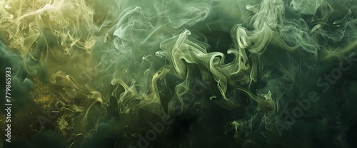 Olive green clouds of smoke creating mesmerizing patterns against a backdrop of rich gold.