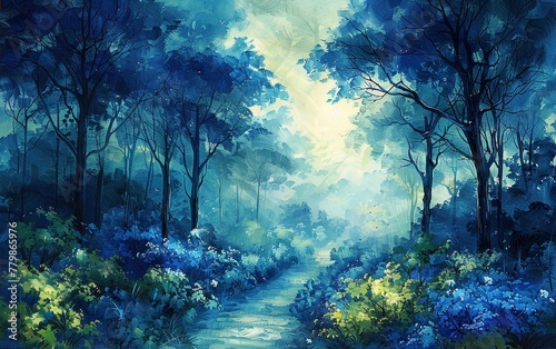 A magical blue and green forest with an enchanted ambiance, depicted in a painting illustration.