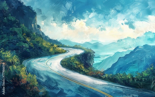 Take a breathtaking road trip along a twisting mountain pass, featuring stunning views and dangerous cliffs, beautifully captured in a digital painting.
