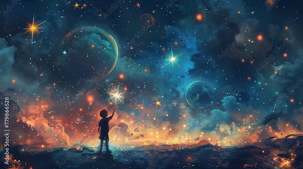 The artwork depicts a boy surrounded by celestial bodies, reaching for the twinkling stars in the night sky with a sense of wonderment.
