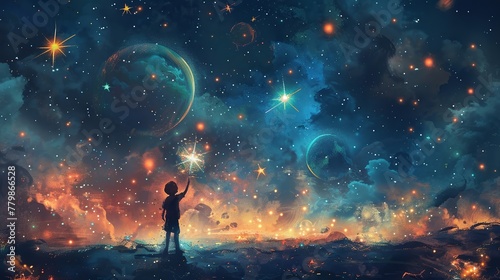 The artwork depicts a boy surrounded by celestial bodies, reaching for the twinkling stars in the night sky with a sense of wonderment.