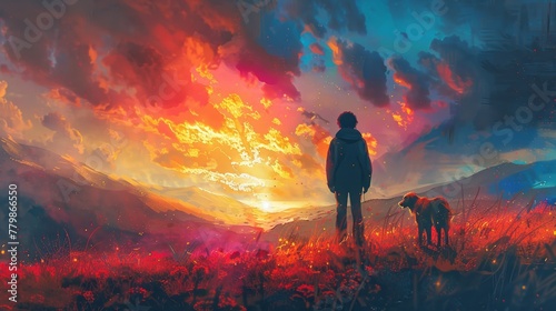 A wanderer and a canine observing the vibrant glow in the canyon, depicted in a digital artistic manner through an illustrated painting