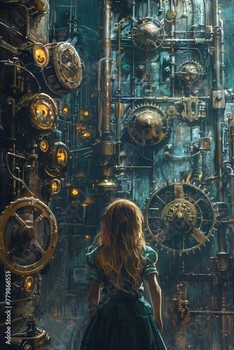 A teenage girl observing numerous keys hanging on the steampunk cave's wall in a digital art portrayal.