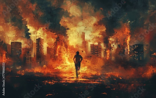 A man fleeing from zombies in front of a blazing cityscape, depicted in an illustration through digital painting techniques.