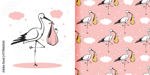 A stork is holding a baby bird in its beak. Seamless pattern for gift paper, fabric, print 03