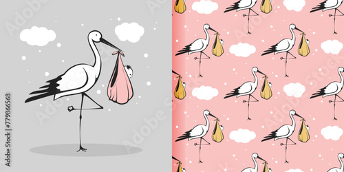 A stork is holding a baby bird in its beak. Seamless pattern for gift paper, fabric, print 02