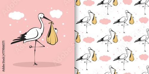 A stork is holding a baby bird in its beak. Seamless pattern for gift paper, fabric, print 04