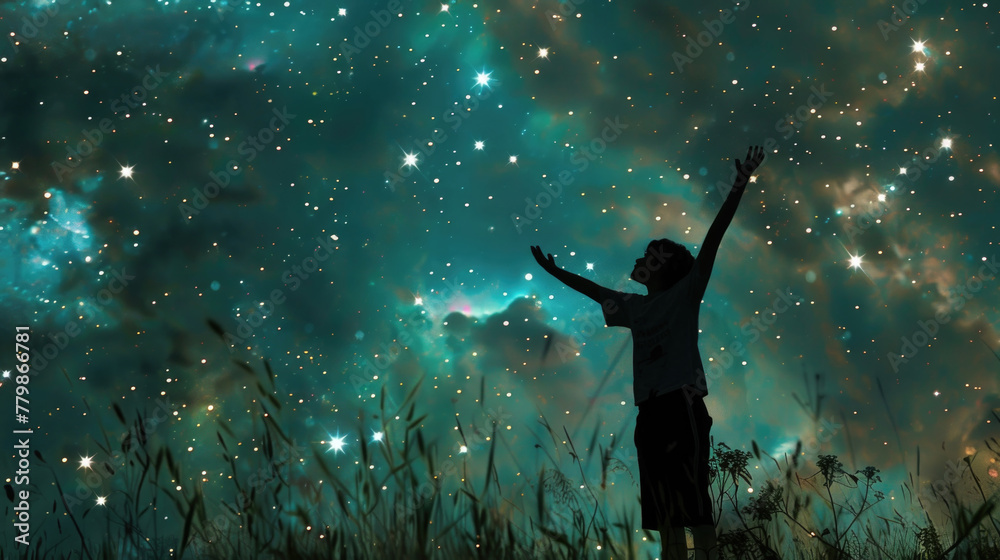 A child stands in a meadow, arms raised towards a starry night sky, evoking wonder
