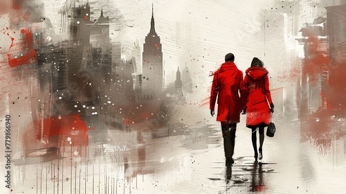 A pair dressed in red strolling along the city streets, captured in a hand-drawn sketch.