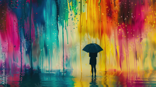 A silhouette stands under an umbrella against a backdrop of bright, dripping colors reflecting on a wet surface photo