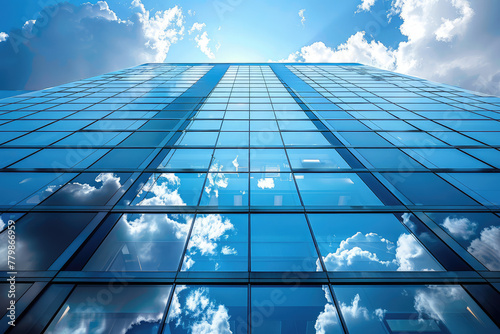 Blue glass building with clouds reflecting on the surface  wide angle lens. Created with Ai