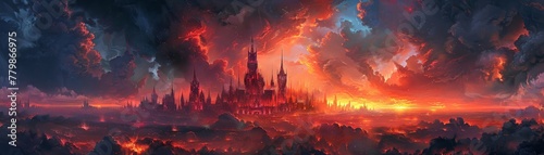 The painting depicted a cityscape in the shadow of towering, ominous black castles set against a dramatic evening sky.