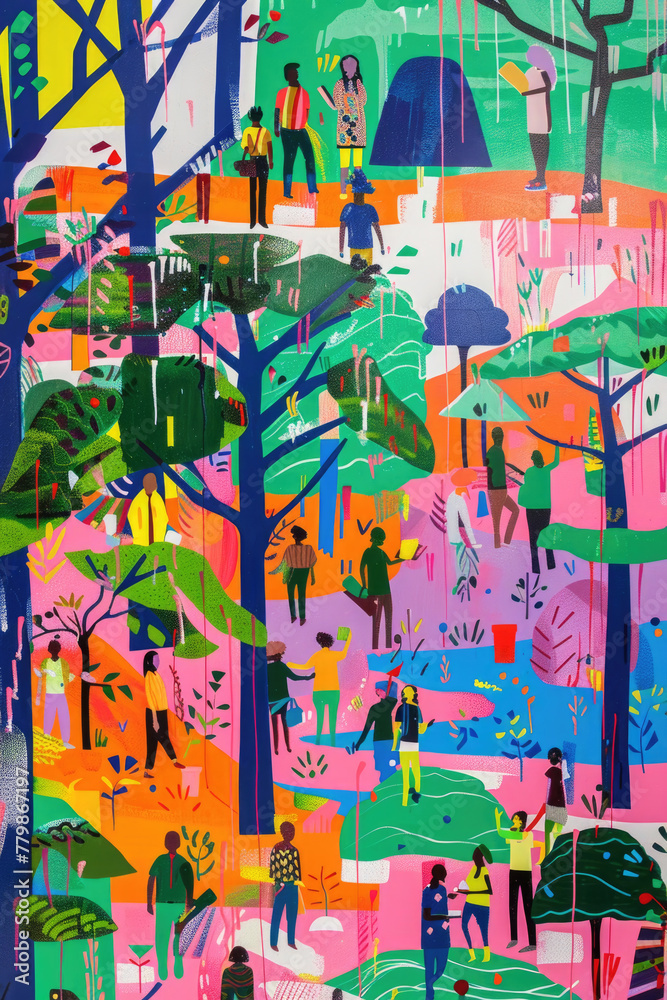 A painting of several individuals strolling among tall trees in a dense forest