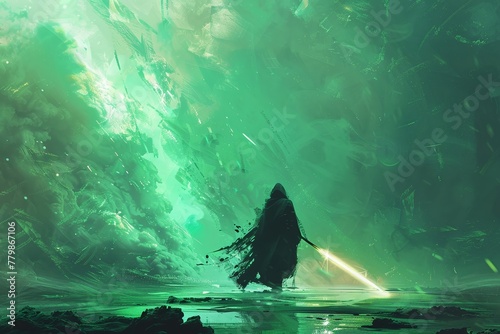 A futuristic figure cloaked in black holding a glowing spear, amidst a vibrant burst of emerald energy, portrayed in a digital artwork with an illustrative painting style.
