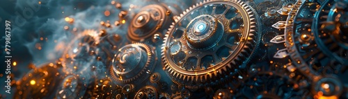 Creating the illusion of movement in a fantastical steampunk clockwork painting with malfunctioning gears. photo