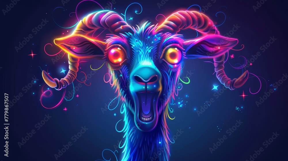   A goat's face in close-up, illuminated by bright lights against a blue backdrop