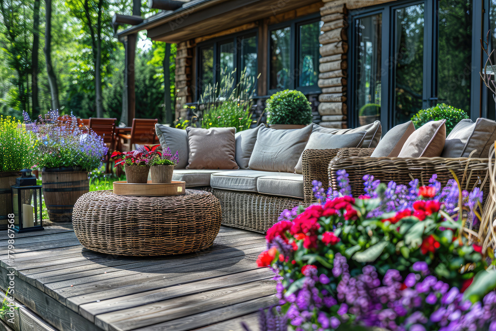 Beautiful garden with sofa and flowers in the forest, country house terrace or outdoor seating area for summer party or family gathering. Created with Ai 